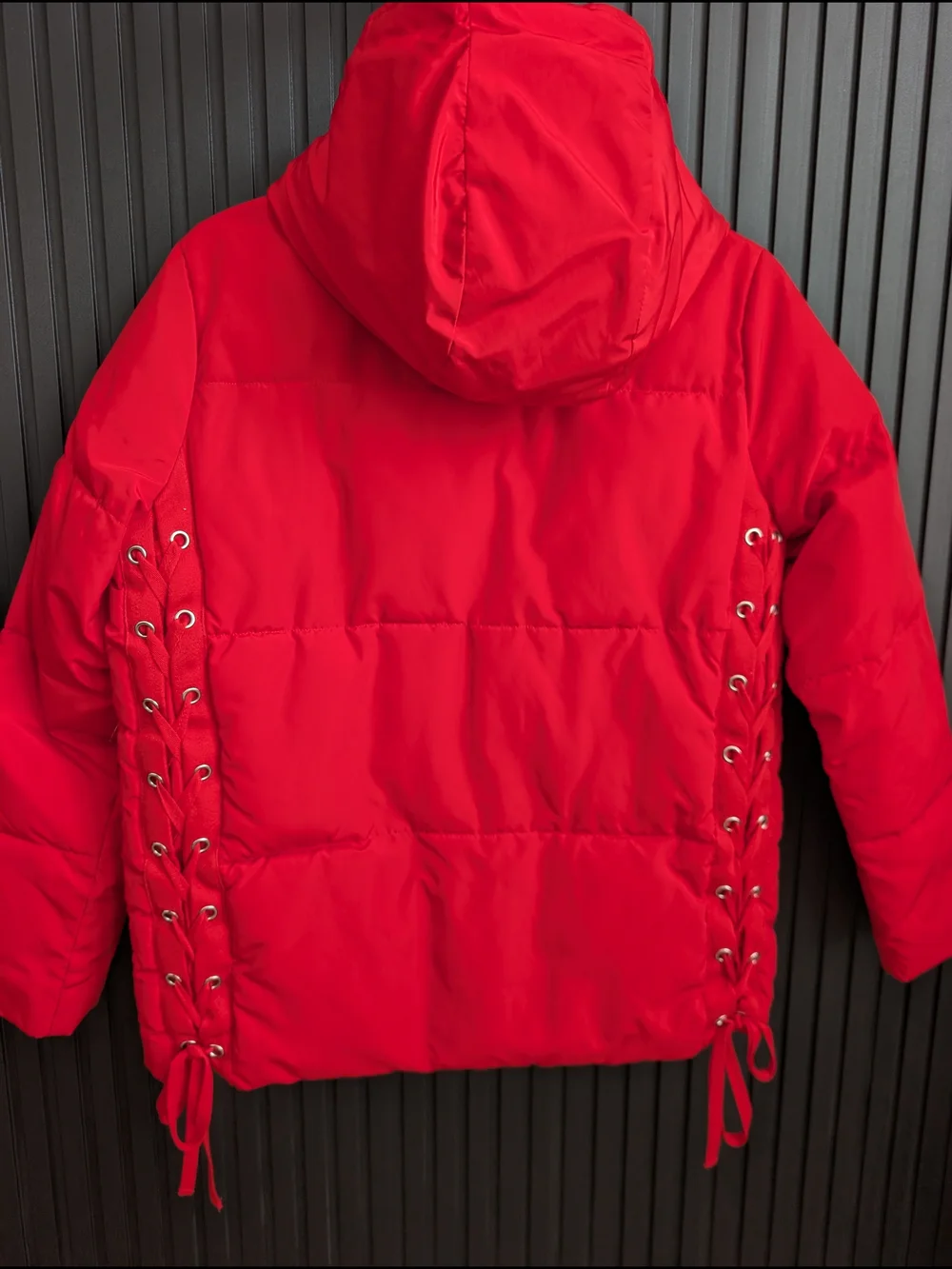 EXPRESS Red Puffer Jacket Hooded with Lace-Up Sides | Size